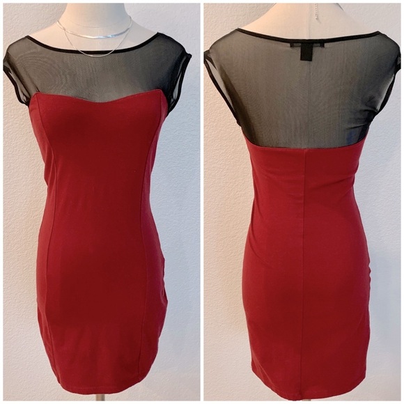 ❤️ Wine Red Sweetheart Neckline Mesh Knit Fitted Bodycon Mini Dress - Picture 1 of 14